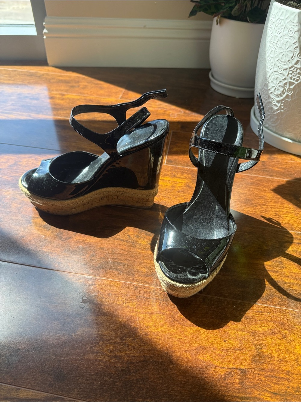 Patent Black Wedge Espadrille Sandals with Ankle Strap